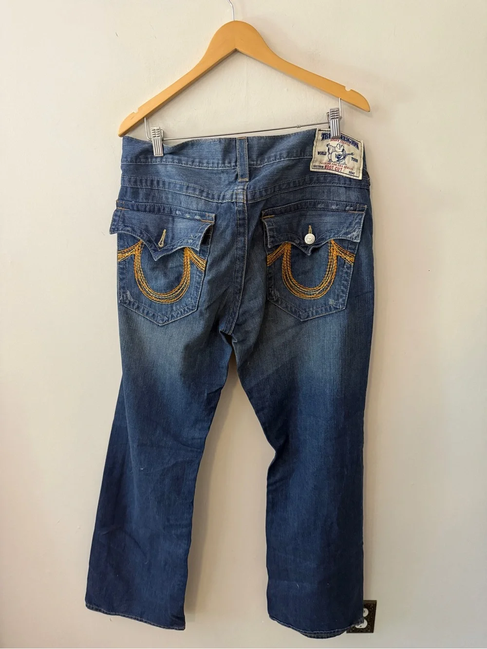 Y2K RARE vintage True Religion Men's Blue Bootcut Jeans w orange gold Stitching